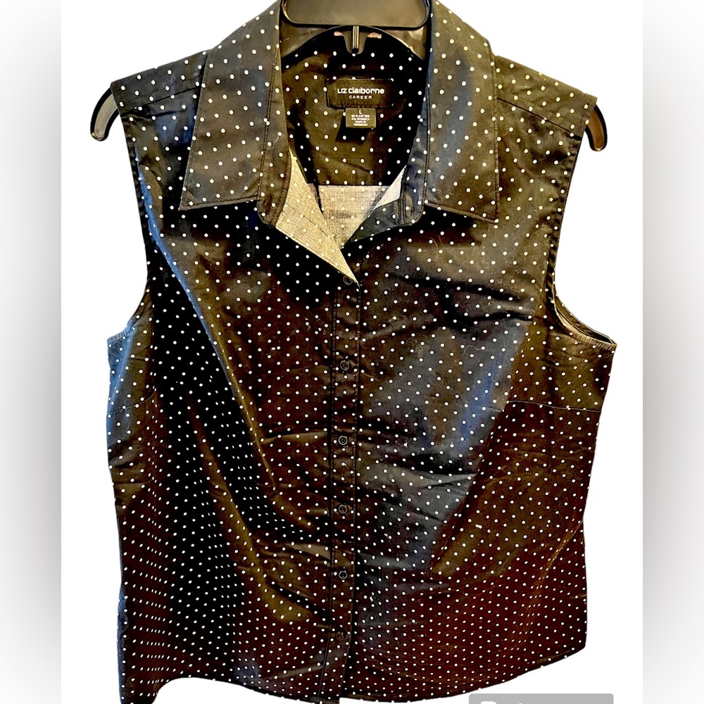 Dark Black and White Polka Dots Sleeveless Blouse by Liz Claiborne Career Large
